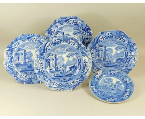 BLUE &amp; WHITE. Four Copeland Spode shaped &amp; moulded plates, 25cm. Also, a single Copeland 'Spode's Tower' plate, 19cm.