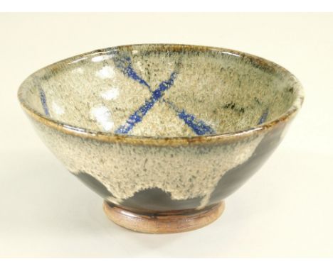 TREVOR CORSER. A trailed, glaze decorated, footed bowl. Diameter 15cm. Height 8cm. Personal &amp; Leach Pottery marks.