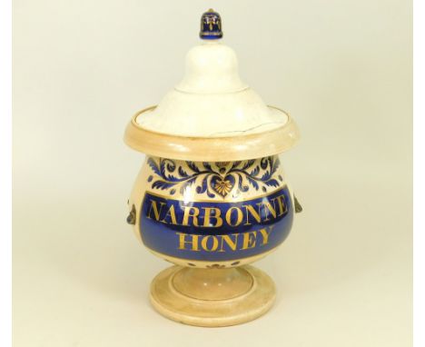 DRUGS JAR. A 19th century ceramic wet drugs jar for Narbonne Honey. Full height 42cm. (Damage)