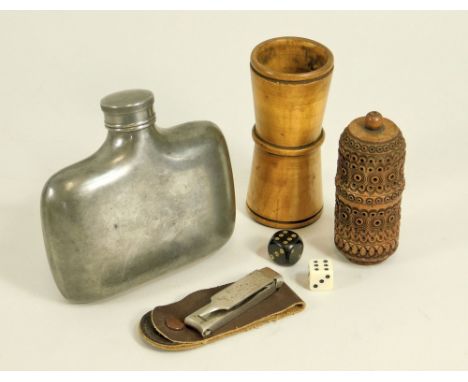 MISCELLANEOUS. A pewter spirit flask, a coquilla nut box, a dice shaker etc.