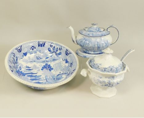BLUE &amp; WHITE. A Burgess &amp; Leigh blue &amp; white Pavilion pattern teapot &amp; stand. Also, a 19th century large will