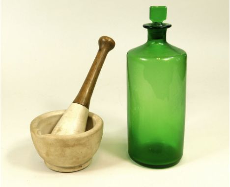 MORTAR ETC. A ceramic mortar &amp; pestle &amp; a green glass drug jar.