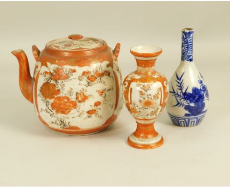 ORIENTAL CERAMICS. A 19th century Japanese porcelain teapot, (lacks handle) &amp; two other pieces.