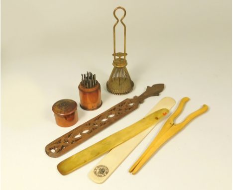MISCELLANEOUS.Miscellaneous including a Patent brass knitting tool, a Victorian set of watchmaker's tools in a treen box etc.