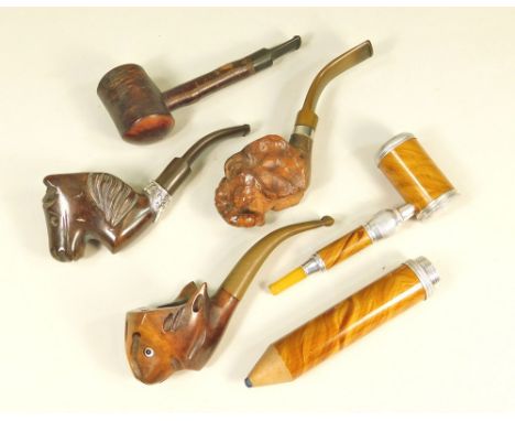 TOBACCO PIPES. Five various novelty tobacco pipes including a novelty pencil shaped pipe.