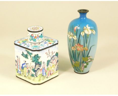 ENAMEL WARES. A Chinese polychrome enamelled tea caddy, height 11cm. Also, a Japanese cloisonne vase, enamelled on brass with