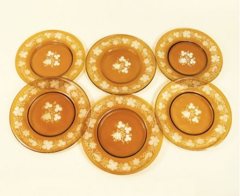BOHEMIAN GLASS. A set of six Bohemian, amber overlaid cut glass dessert plates. Diameter 21cm.
