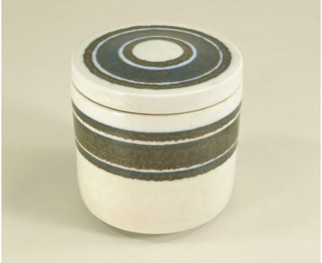 DAVID LLOYD JONES. A small cylindrical lidded jar. Diameter 9cm. Height 9cm. Impressed mark.