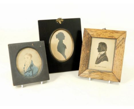 SILHOUETTES ETC. Two printed silhouettes &amp; a watercolour portrait miniature of a gentleman.