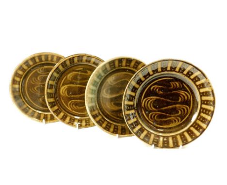 SETH CARDEW. Four Wenford Bridge sgraffito decorated plates. Each 19cm diameter. All impressed with personal &amp; Pottery ma