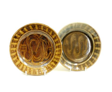 SETH CARDEW. Two Wenford Bridge sgraffito decorated plates. Each 17cm diameter. One with impressed personal &amp; Pottery mar