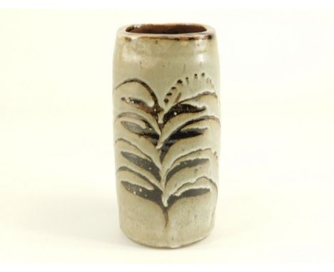 DAVID LEACH. A Lowerdown resist decorated, squared cylindrical vase. Height 19cm. Personal &amp; Pottery marks.