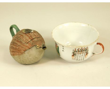 ORIENTAL CERAMICS. A 19th century Japanese stoneware teapot in the form of a quail, width 13cm. Also, a Chinese polychrome cu