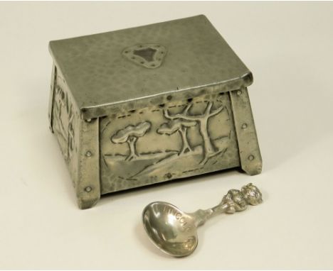 TEA CADDY.An Arts & Crafts embossed pewter covered wooden tea caddy, with inner lid & Lincoln Imp caddy spoon. (Unattached li