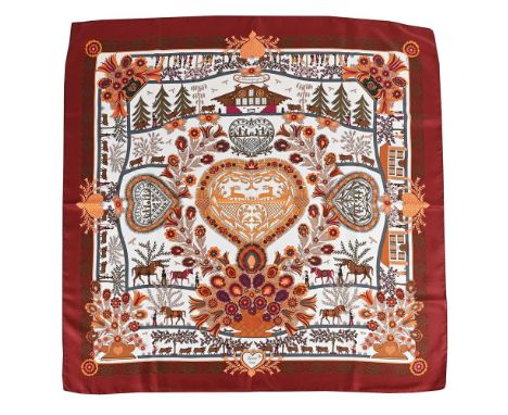 
	
		HERM&#200;S, D&#201;COUPAGES, A SILK SCARF 
		The white ground with burgundy border decorated with traditional Scandinav