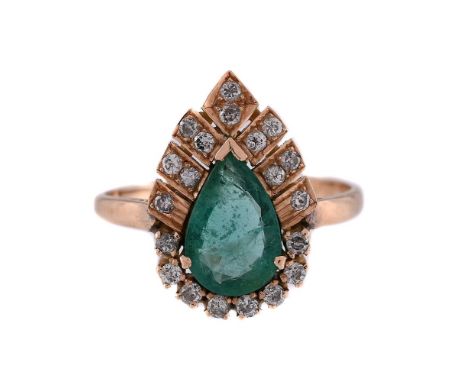 
	
		AN EMERALD AND DIAMOND CLUSTER DRESS RING 
		The peacock feather style setting with a central pear shaped emerald within