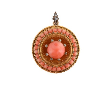 
	
		Y&nbspA MID VICTORIAN CORAL AND DIAMOND PENDANT 
		The circular panel centred with a circular cabochon coral within a ra