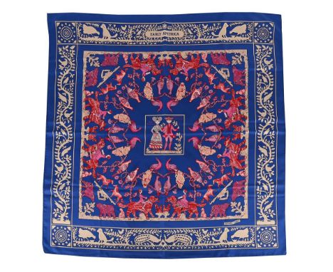 
	
		HERM&#200;S, EARLY AMERICA, A SILK SCARF 
		The blue ground with light beige foliate borders, with red and purple figura