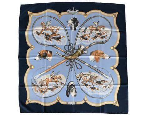 
	
		HERM&#200;S, LE LAISSER COURRE, A SILK SCARF 
		The light blue ground with navy blue border, with brown tone hunting and