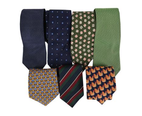 
	
		A COLLECTION OF SILK TIES
		Comprising: Gucci, a vibrant green tie; a green tie covered with dice; and a blue and yellow