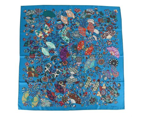 
	
		HERM&#200;S, FLEURS ET PAPILLONS DE TISSUS, A SILK SCARF 
		The dark turquoise ground decorated with flowers and fan lik