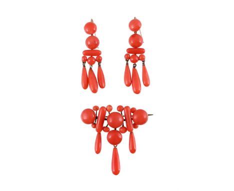 
	
		Y&nbspA PAIR OF ANTIQUE CORAL EARRINGS AND BROOCH 
		CIRCA 1880
		The earrings with polished cabochon coral pediments su