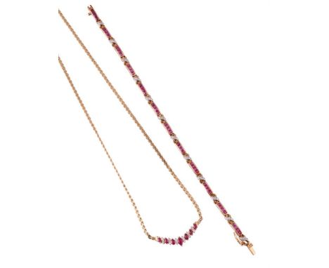 
	
		A RUBY AND DIAMOND NECKLACE AND BRACELET 
		The bracelet with channel set ruby panels with eight cut diamond set crossov