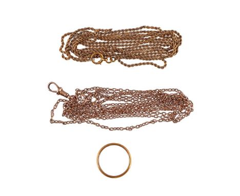 
	
		A 22CT GOLD BAND RING AND TWO CHAINS
		The polished gold band ring, UK hallmark, London 1886, maker&#39;s mark W.W; toge