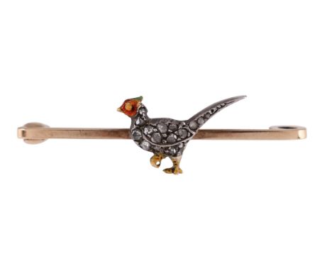 
	
		A DIAMOND AND ENAMEL PHEASANT BAR BROOCH 
		The pheasant with rose cut diamond set body and enamelled head and legs, on 