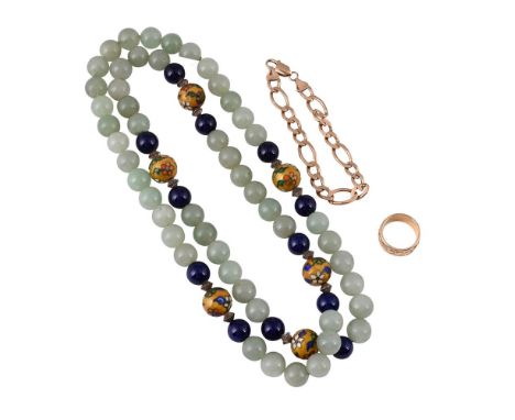
	
		A BAND RING, A 9 CARAT GOLD BRACELET AND A BEADED NECKLACE 
		The band ring with chased floral decoration, with a partia