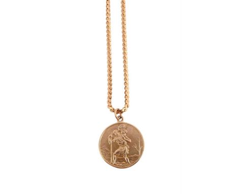 
	
		A FANCY LINK CHAIN WITH ST CHRISTOPHER PENDANT 
		The fancy link necklace with a ring bolt clasp, stamped 750 with Itali