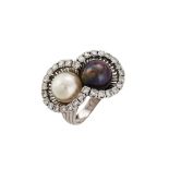 A FRENCH DIAMOND AND CULTURED PEARL DRESS RING