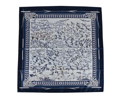 
	
		HERM&#200;S, LIBRES COMME L&#39;AIR, A SILK SCARF 
		The light blue ground with various numerous water birds with navy b