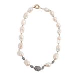 A BAROQUE FRESHWATER CULTURED PEARL AND DIAMOND NECKLACE