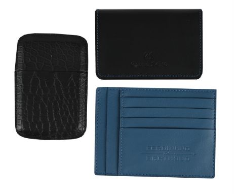 
	
		FERDINAND BERTHOUD, GRAND SEIKO AND BOVET, THREE LEATHER CARD CASES 
		The first a blue leather card holder by Ferdinand