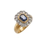 A SAPPHIRE AND DIAMOND CLUSTER RING