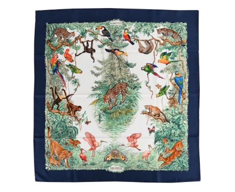 
	
		HERM&#200;S, EQUATEUR, A SILK SCARF 
		The white ground with navy border decorated with various jungle animals and birds