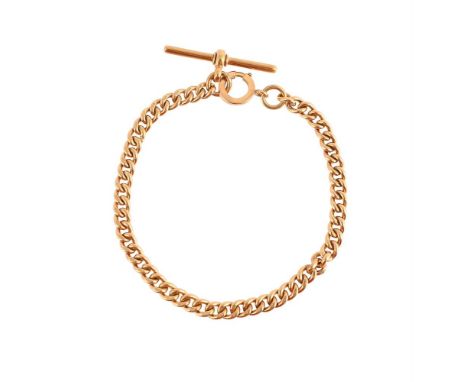
	
		AN 18 CARAT GOLD ALBERT CHAIN 
		The curb links to a polished gold t-bar, with partial 18 carat gold hallmark, with an a