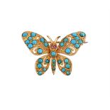 A TURQUOISE AND RUBY SET BUTTERFLY BROOCH, LONDON 1966