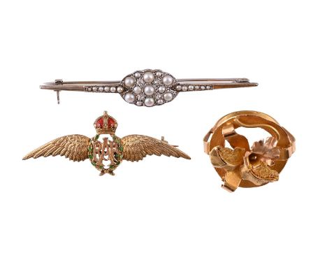 
	
		A SMALL GROUP OF JEWELLERY
		Comprising: a split pearl and old cut diamond cluster panel bar brooch; an RAF wings brooch