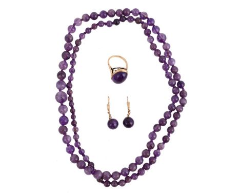 
	
		AN AMETHYST BEAD NECKLACE, EARRINGS AND RING
		The necklace composed of a graduated row of amethyst beads; the earrings 