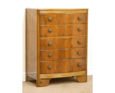 'Lebus' walnut bow front five drawer chest, W77cm, H102cm, D45cm