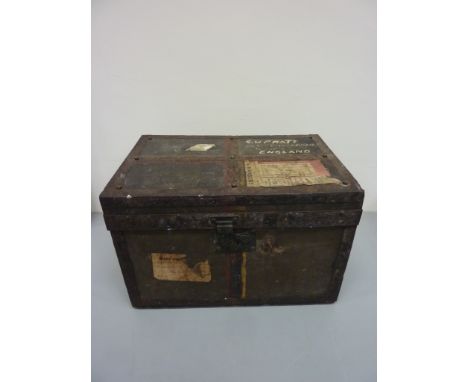 Small early 20th century metal bound trunk 35cm x 53cm x 34cm 