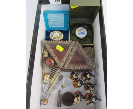 Two enamel patch boxes, jewellery casket, hat pins, pin cushion, miniature wooden Disney band, hallmarked silver cheroot hold