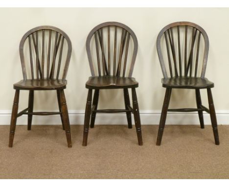 Three country elm farmhouse hoop and stick back chairs