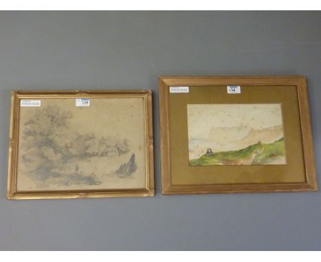 River Landscape, 19th century pencil sketch signed 25cm x 34cm and a watercolour of Scarborough (2)