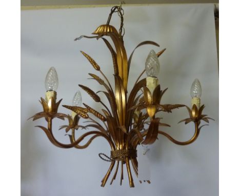 French gilded metal five branch  'Ears of Corn' centre light fitting H46cm excluding length of chain 