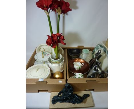 A pair of Grindley "Cream Petal" Tureens, Poole pottery teapot, decortive ceramics and three figurative sculptures in two box