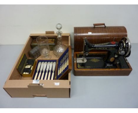 Vintage Singer sewing machine, Victorian celery vase and decanter, fish servers, dominoes and miscellanea in one box 