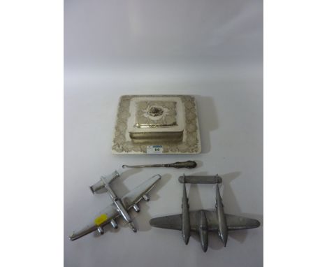 Walker & Hall silverplated butter dish hallmarked silver button hook and two vintage metal desk models of aircraft